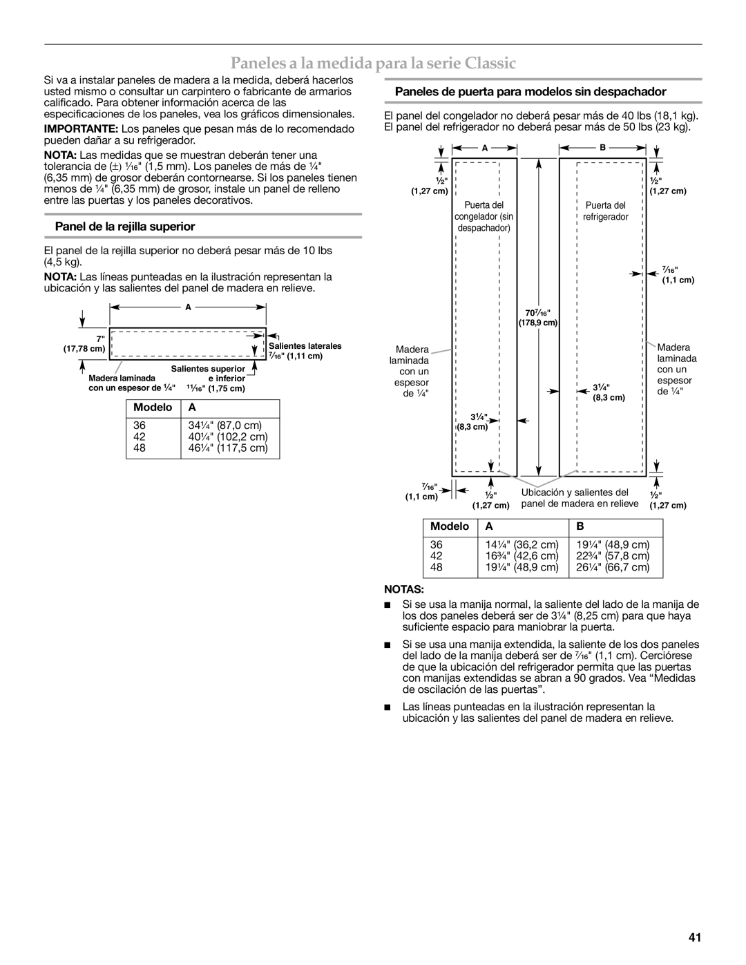 KitchenAid W10379133A manual Paneles a la medida para la serie Classic, Paneles de puerta para modelos sin despachador 