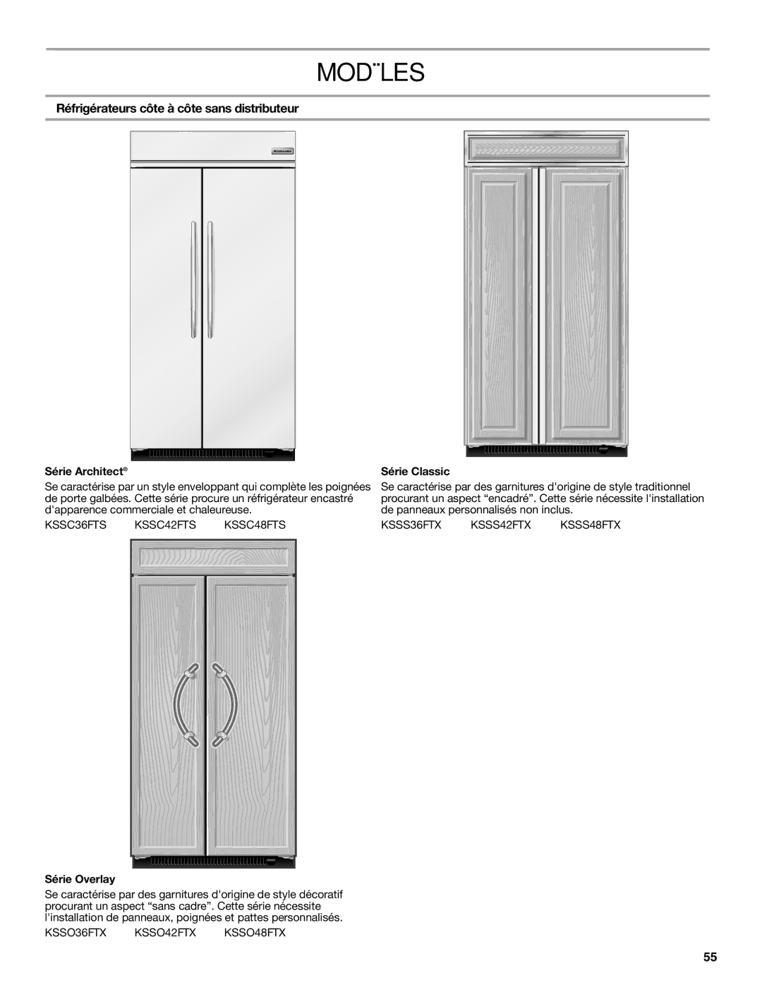 KitchenAid W10379133A Modèles, Réfrigérateurs côte à côte sans distributeur, Série Architect, Série Classic, Série Overlay 