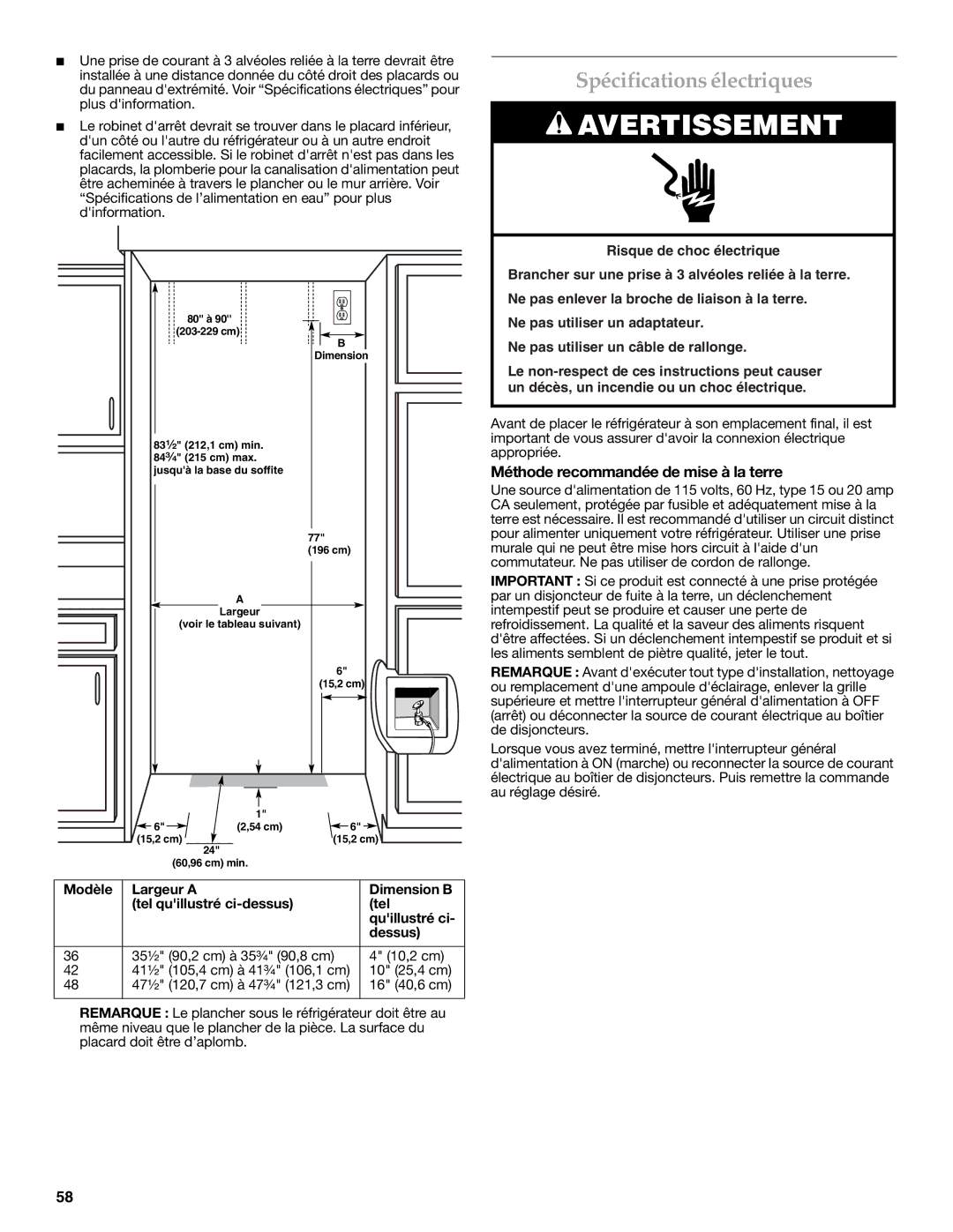 KitchenAid W10379133A manual Spécifications électriques, Méthode recommandée de mise à la terre 