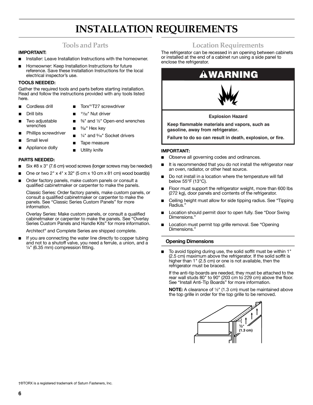 KitchenAid W10379133A manual Installation Requirements, Tools and Parts, Location Requirements, Opening Dimensions 