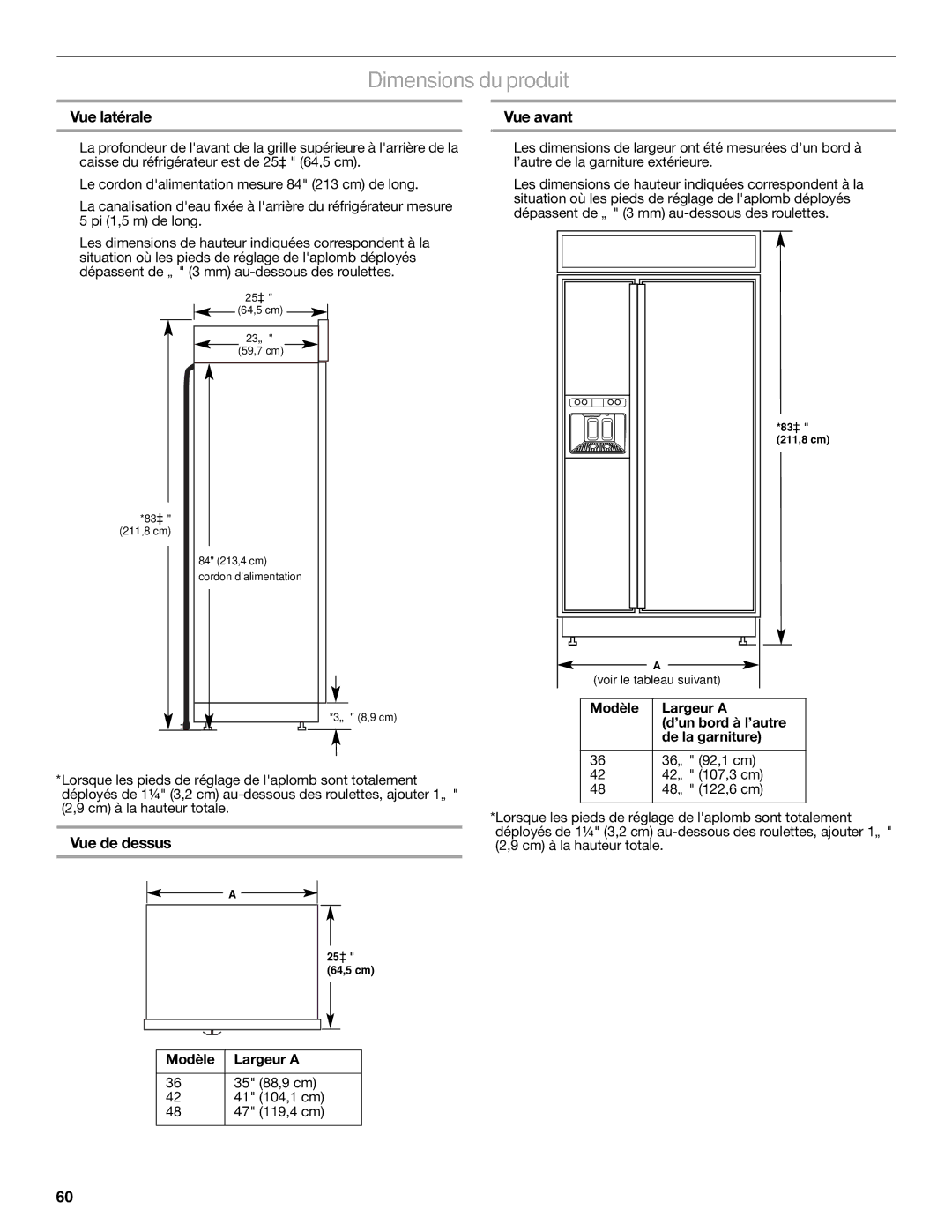 KitchenAid W10379133A manual Dimensions du produit, Vue latérale, Vue de dessus Vue avant, Modèle Largeur a 