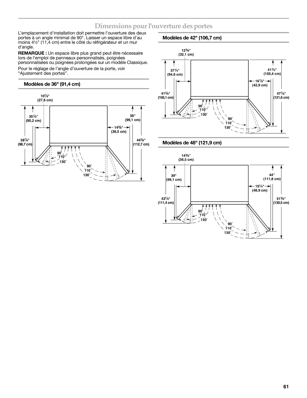 KitchenAid W10379133A manual Dimensions pour louverture des portes, Modèles de 36 91,4 cm Modèles de 42 106,7 cm 