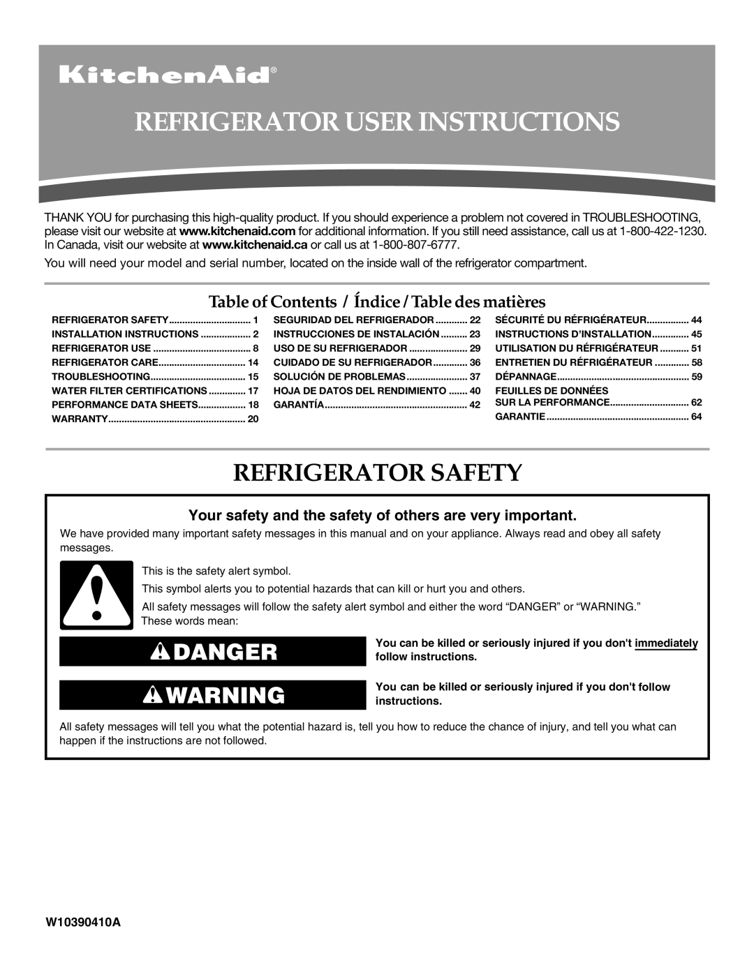 KitchenAid KFXS25RYMS, W10390410A, KFXS25RYWH installation instructions Refrigerator User Instructions, Refrigerator Safety 