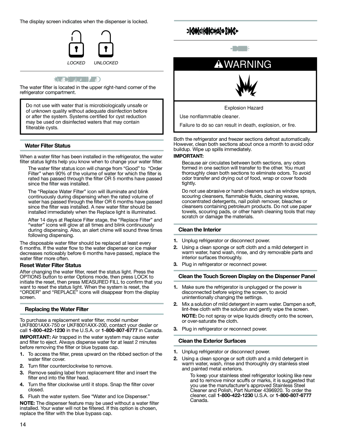 KitchenAid KFXS25RYWH, W10390410A, KFXS25RYMS installation instructions Refrigerator Care, Water Filtration System, Cleaning 