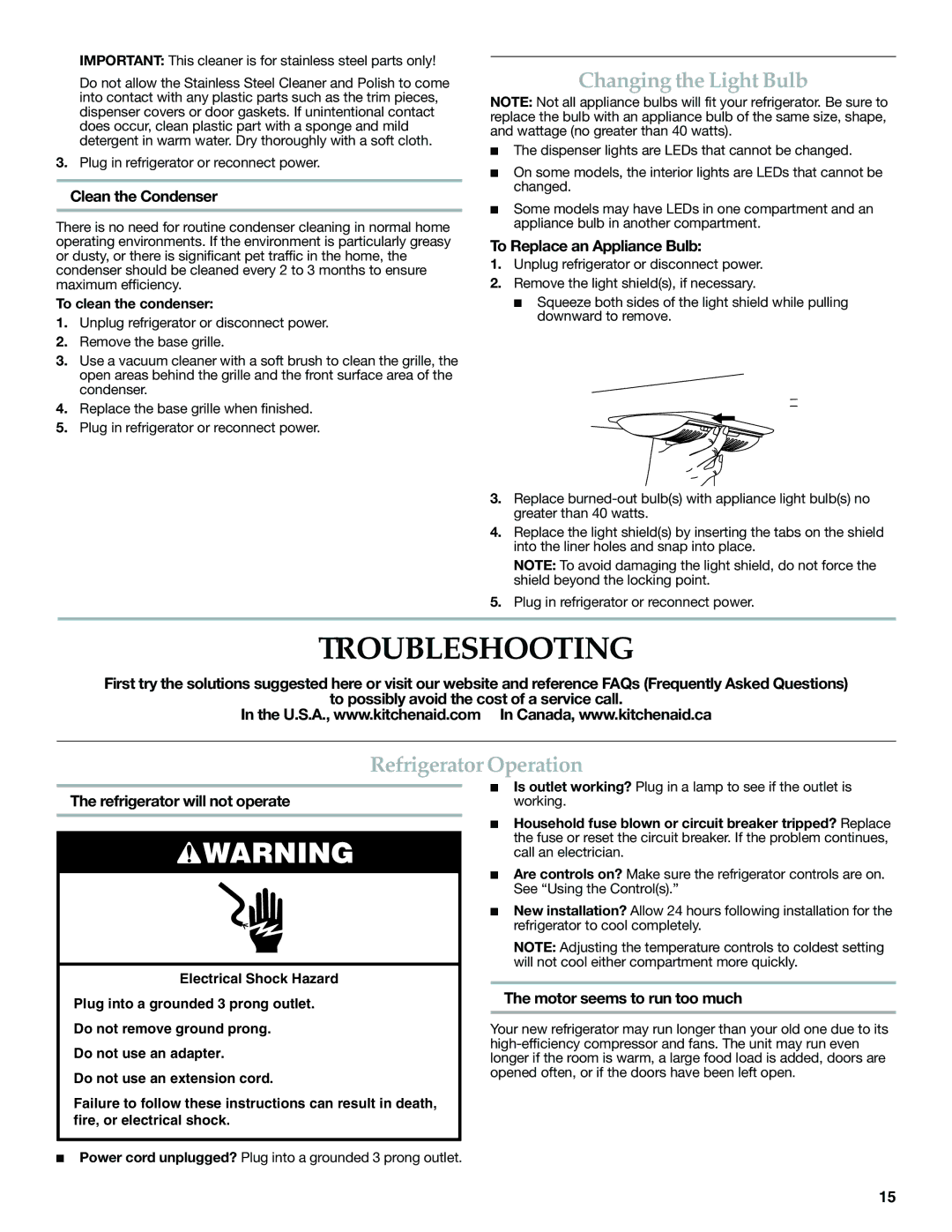 KitchenAid W10390410A, KFXS25RYMS, KFXS25RYWH Troubleshooting, Changing the Light Bulb, Refrigerator Operation 