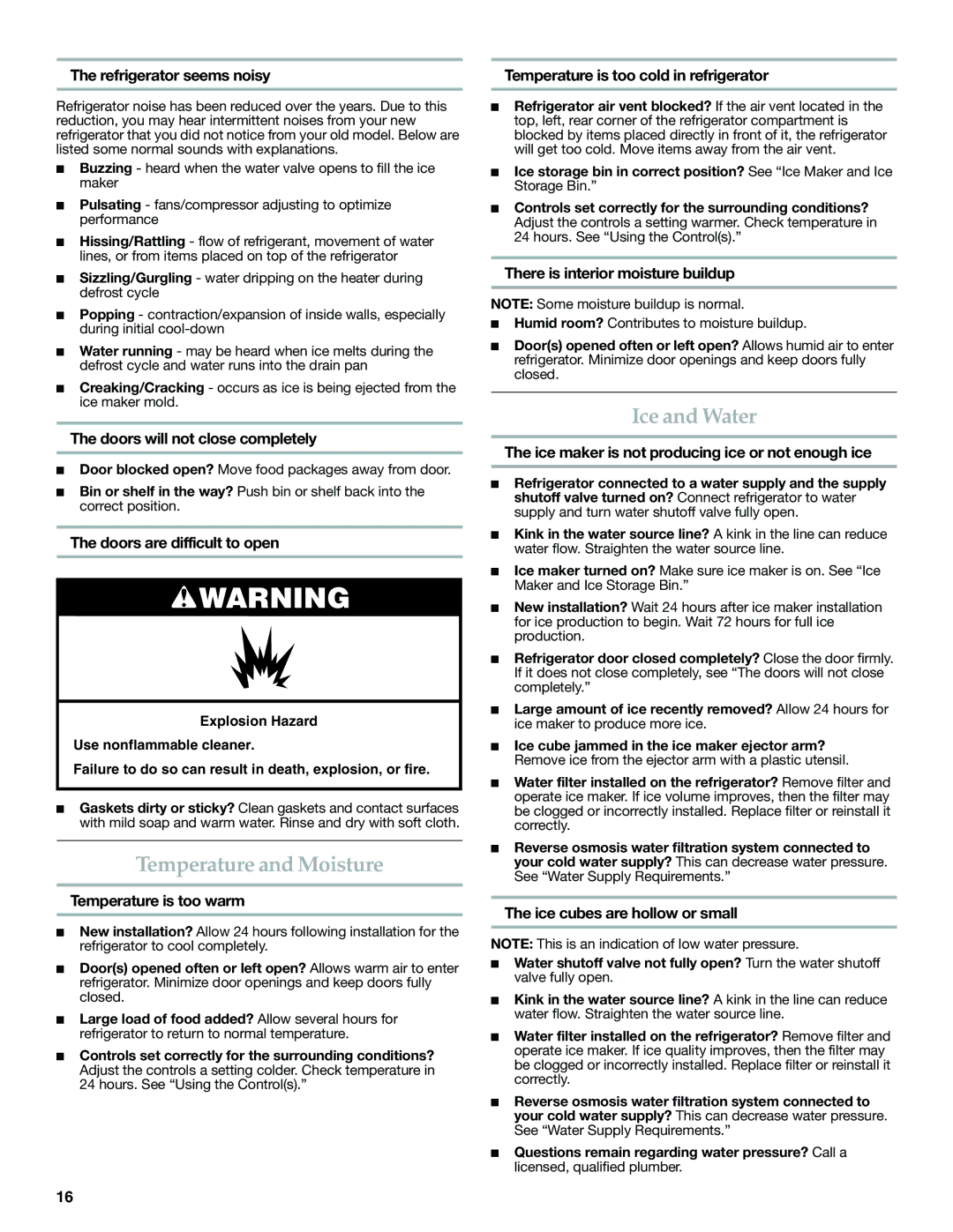 KitchenAid KFXS25RYMS, W10390410A, KFXS25RYWH installation instructions Temperature and Moisture, Ice and Water 