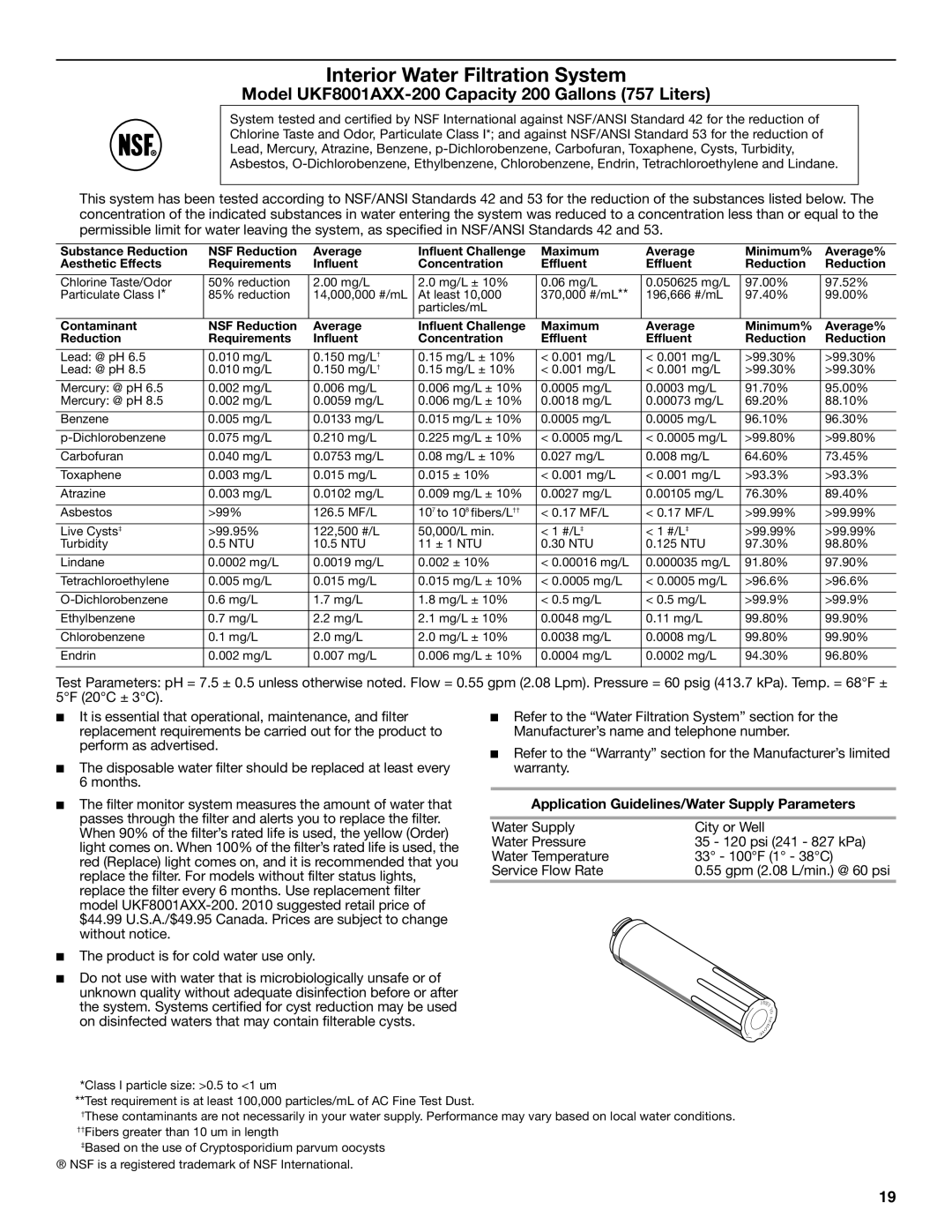 KitchenAid KFXS25RYMS, W10390410A, KFXS25RYWH installation instructions Model UKF8001AXX-200 Capacity 200 Gallons 757 Liters 