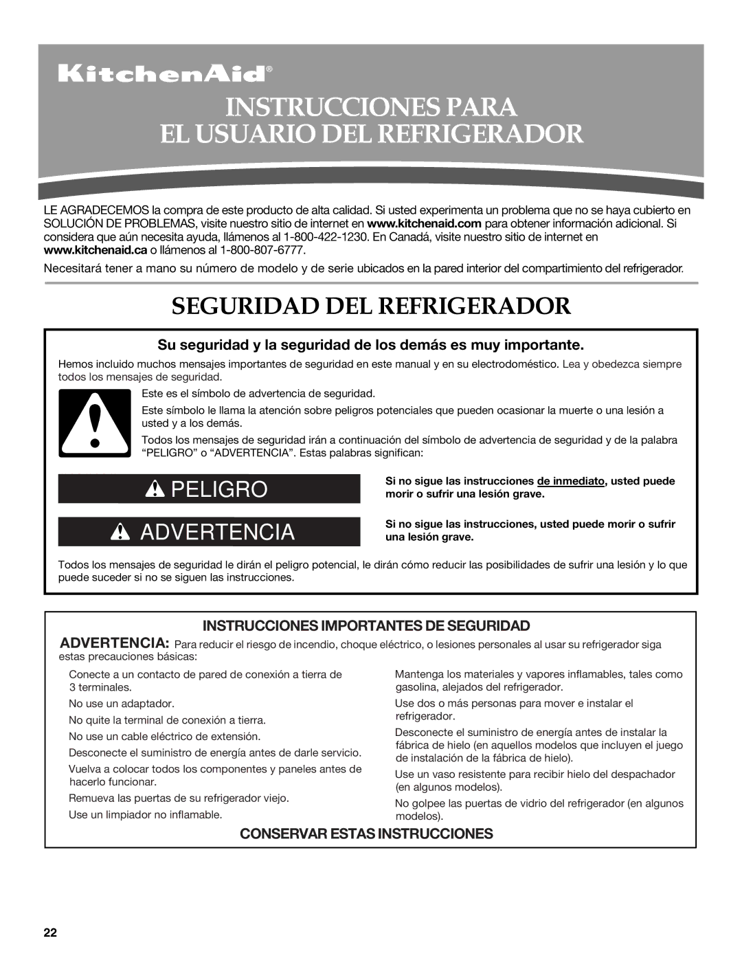 KitchenAid KFXS25RYMS, W10390410A, KFXS25RYWH Instrucciones Para EL Usuario DEL Refrigerador, Seguridad DEL Refrigerador 