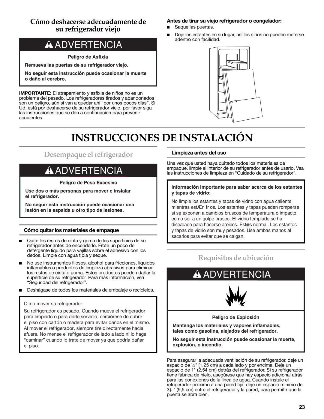 KitchenAid KFXS25RYWH, W10390410A Instrucciones DE Instalación, Desempaque el refrigerador, Requisitos de ubicación 