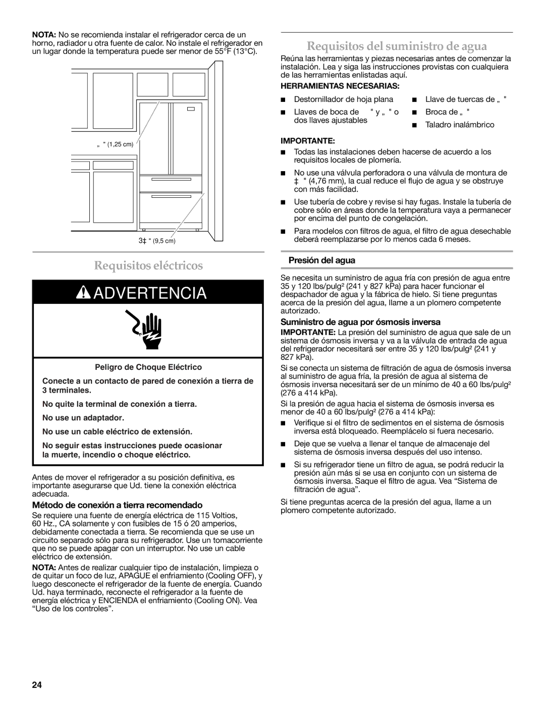 KitchenAid W10390410A Requisitos del suministro de agua, Requisitos eléctricos, Método de conexión a tierra recomendado 