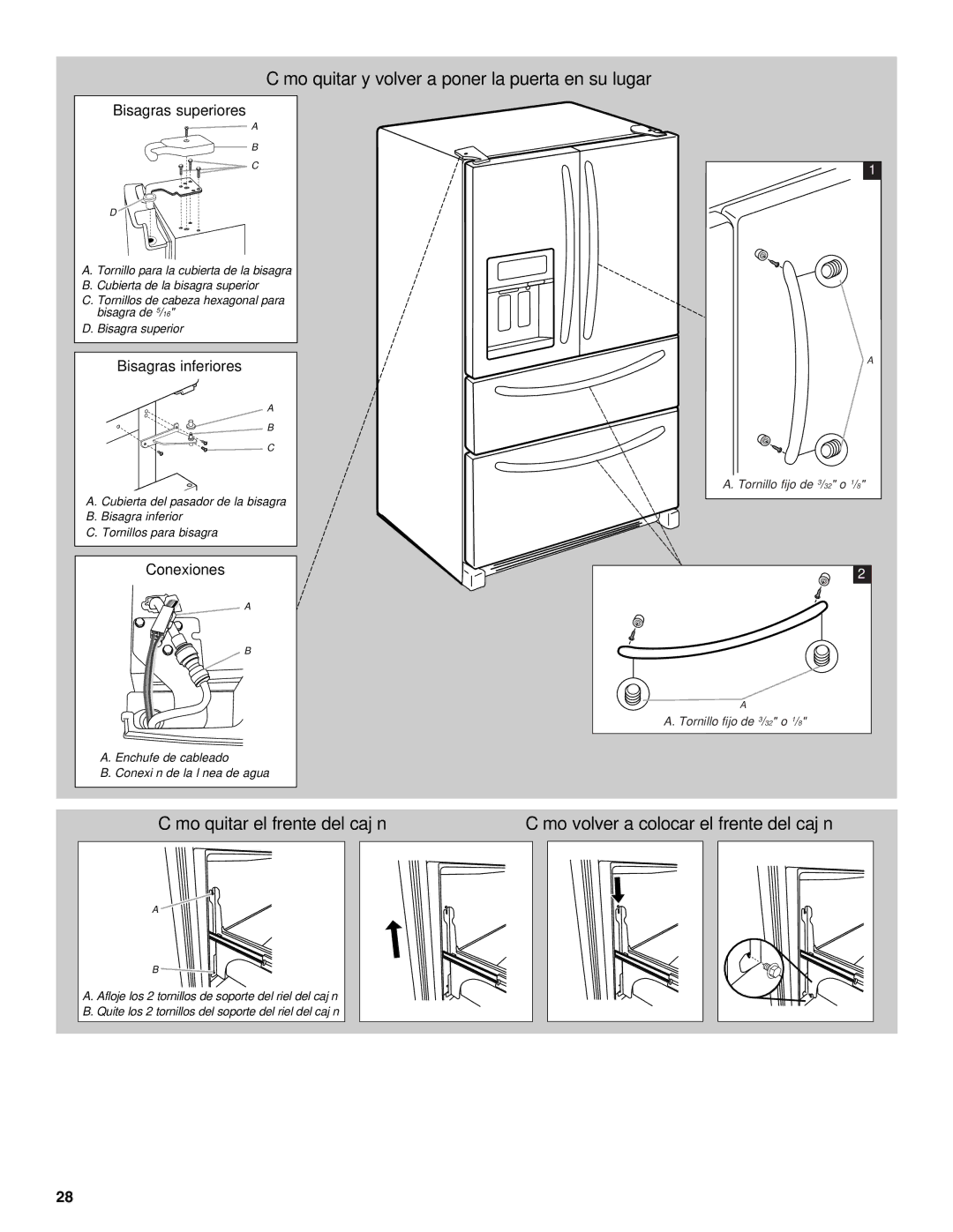 KitchenAid KFXS25RYMS, W10390410A, KFXS25RYWH installation instructions Cómo quitar y volver a poner la puerta en su lugar 