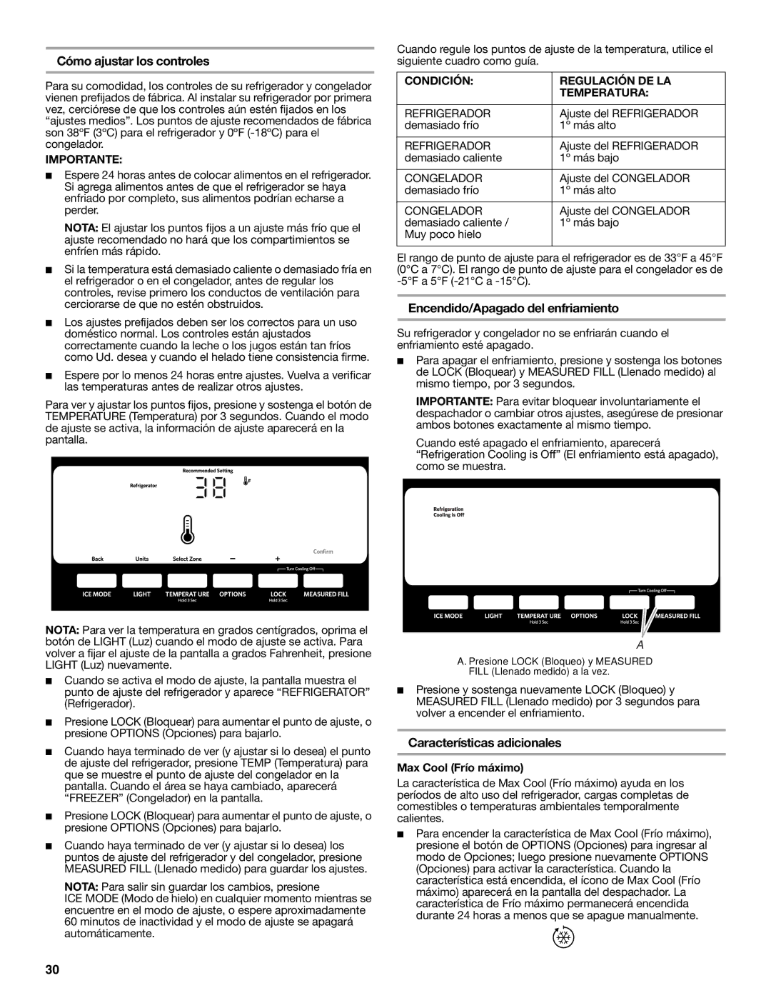 KitchenAid W10390410A Cómo ajustar los controles, Encendido/Apagado del enfriamiento, Características adicionales 