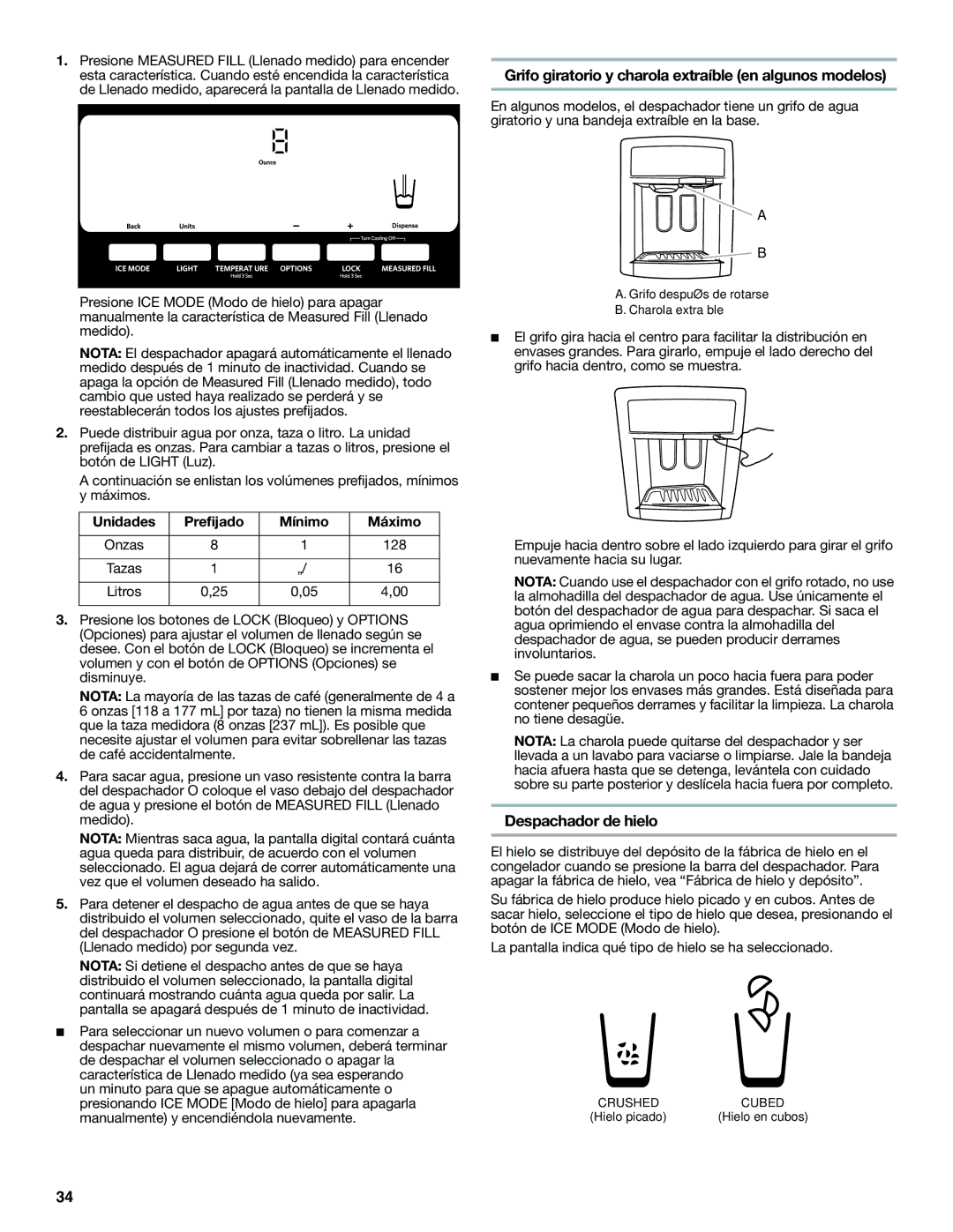 KitchenAid KFXS25RYMS, W10390410A, KFXS25RYWH Grifo giratorio y charola extraíble en algunos modelos, Despachador de hielo 