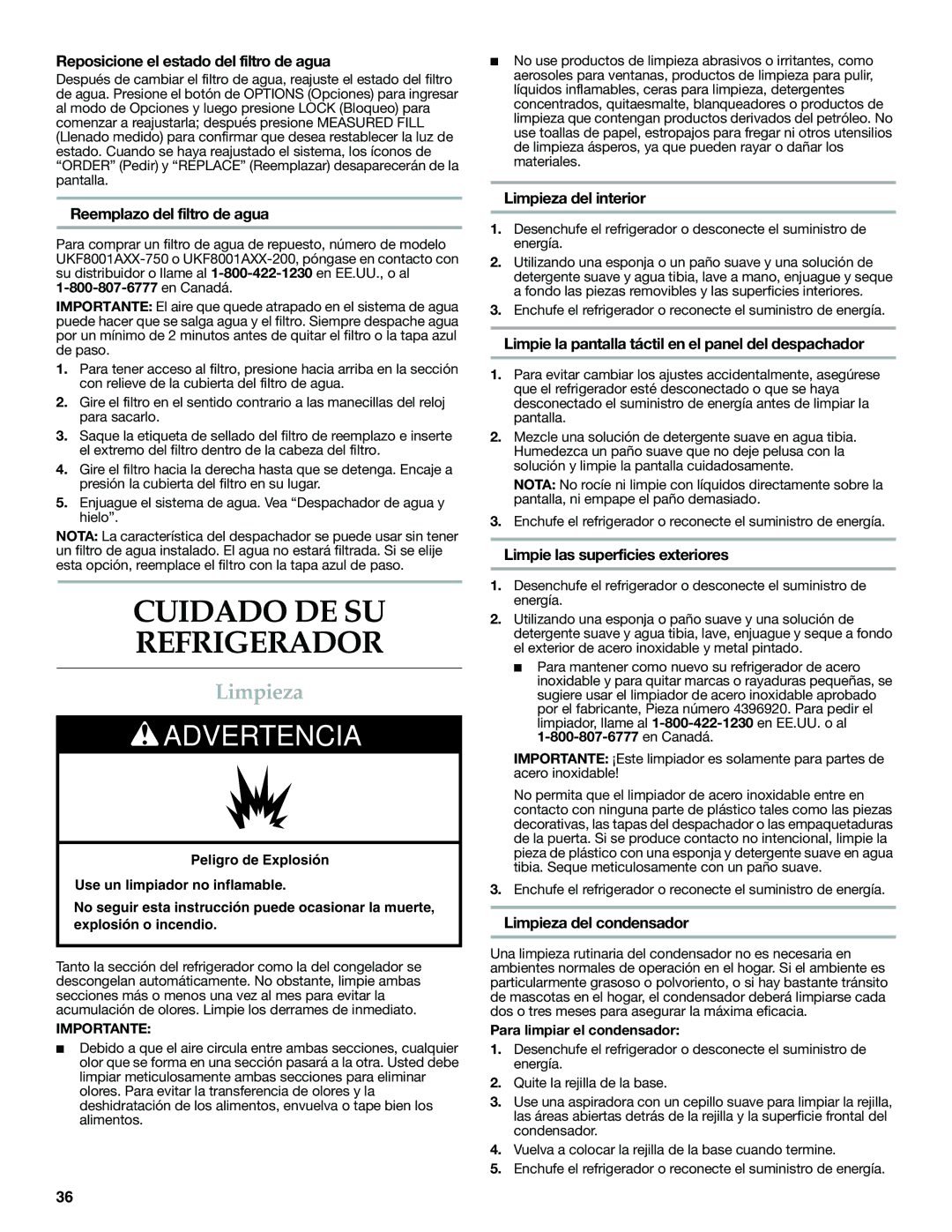 KitchenAid W10390410A, KFXS25RYMS, KFXS25RYWH installation instructions Cuidado DE SU Refrigerador, Limpieza 