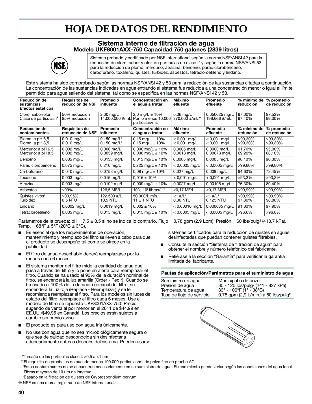 KitchenAid KFXS25RYMS Hoja DE Datos DEL Rendimiento, Pautas de aplicación/Parámetros para el suministro de agua 