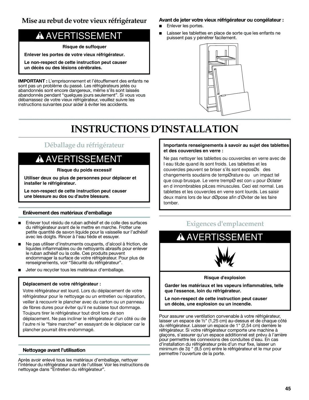 KitchenAid W10390410A, KFXS25RYMS Instructions D’INSTALLATION, Déballage du réfrigérateur, Exigences demplacement 