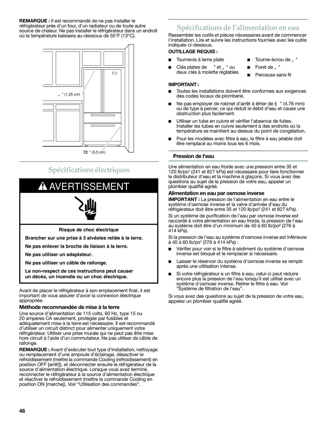 KitchenAid KFXS25RYMS, W10390410A Spécifications électriques, Spécifications de l’alimentation en eau, Pression de leau 