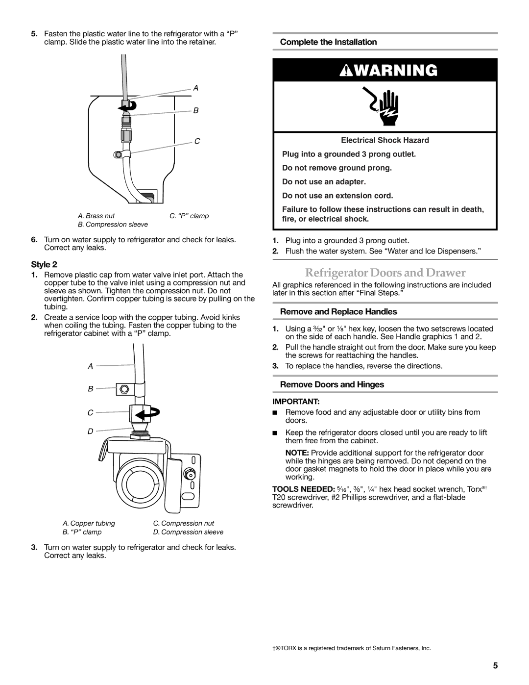 KitchenAid KFXS25RYWH, W10390410A Refrigerator Doors and Drawer, Complete the Installation, Remove and Replace Handles 