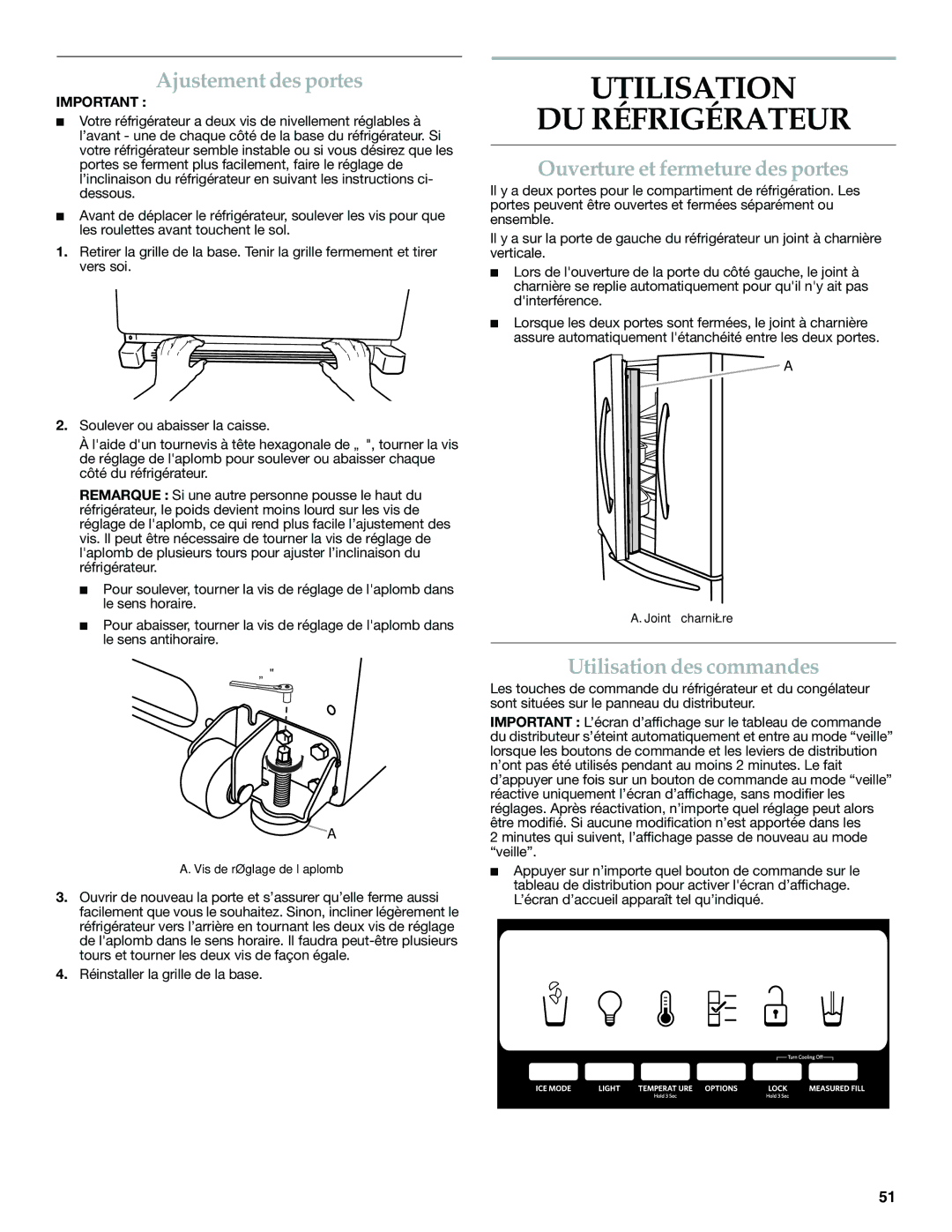 KitchenAid W10390410A, KFXS25RYMS Utilisation DU Réfrigérateur, Ajustement des portes, Ouverture et fermeture des portes 