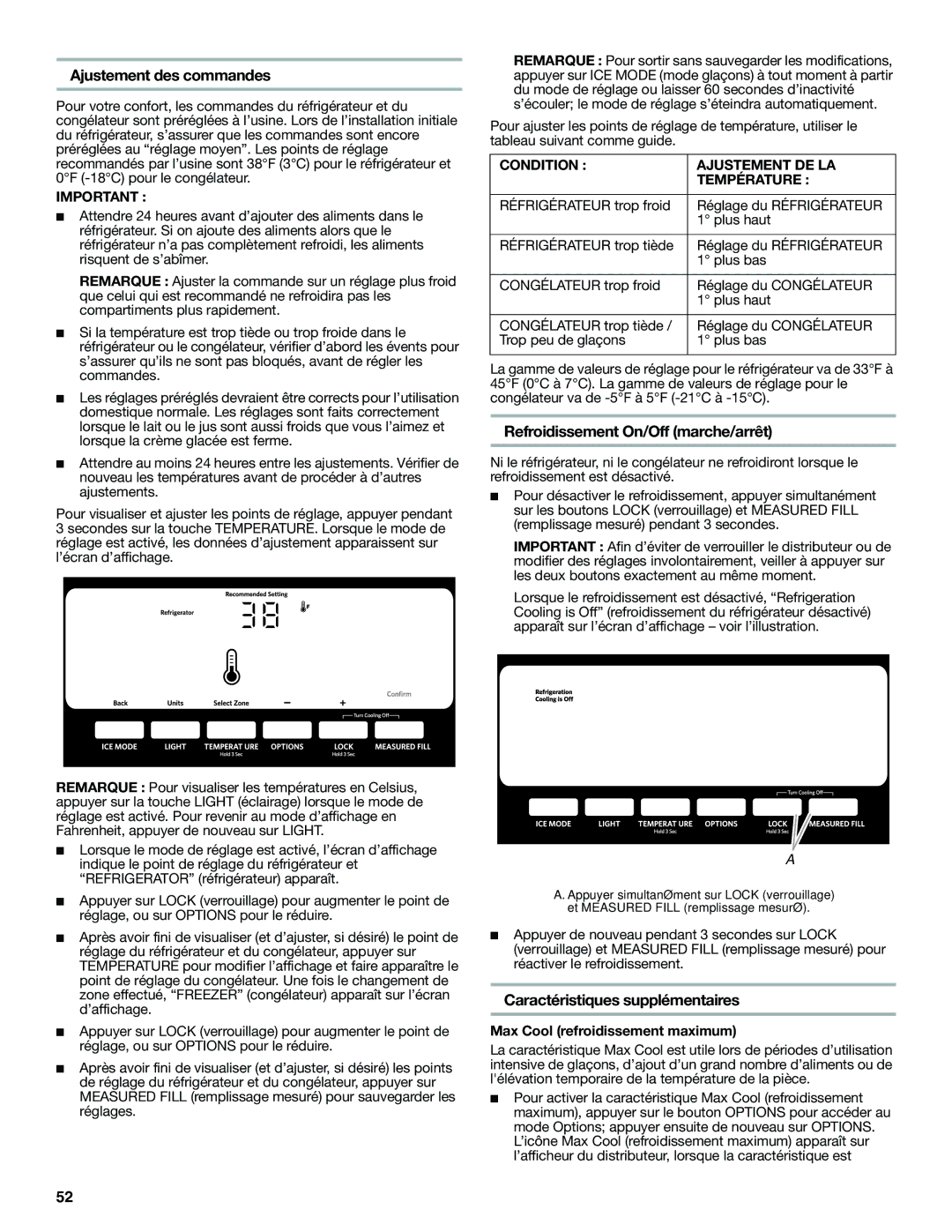 KitchenAid KFXS25RYMS Ajustement des commandes, Refroidissement On/Off marche/arrêt, Caractéristiques supplémentaires 