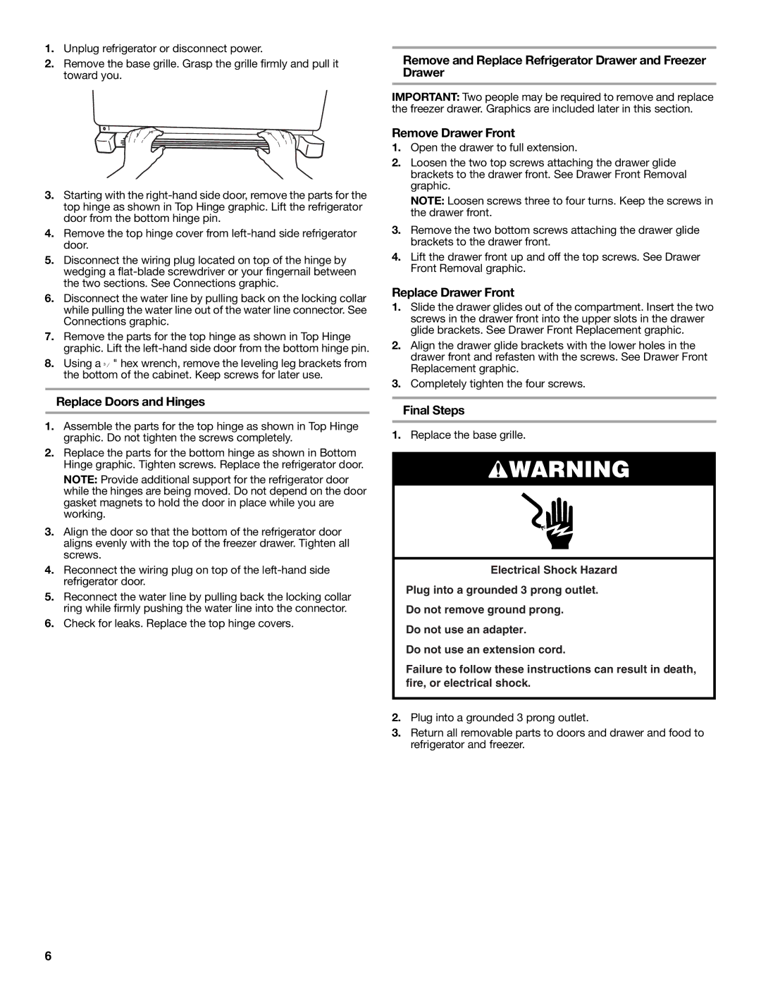 KitchenAid W10390410A Replace Doors and Hinges, Remove and Replace Refrigerator Drawer and Freezer Drawer, Final Steps 