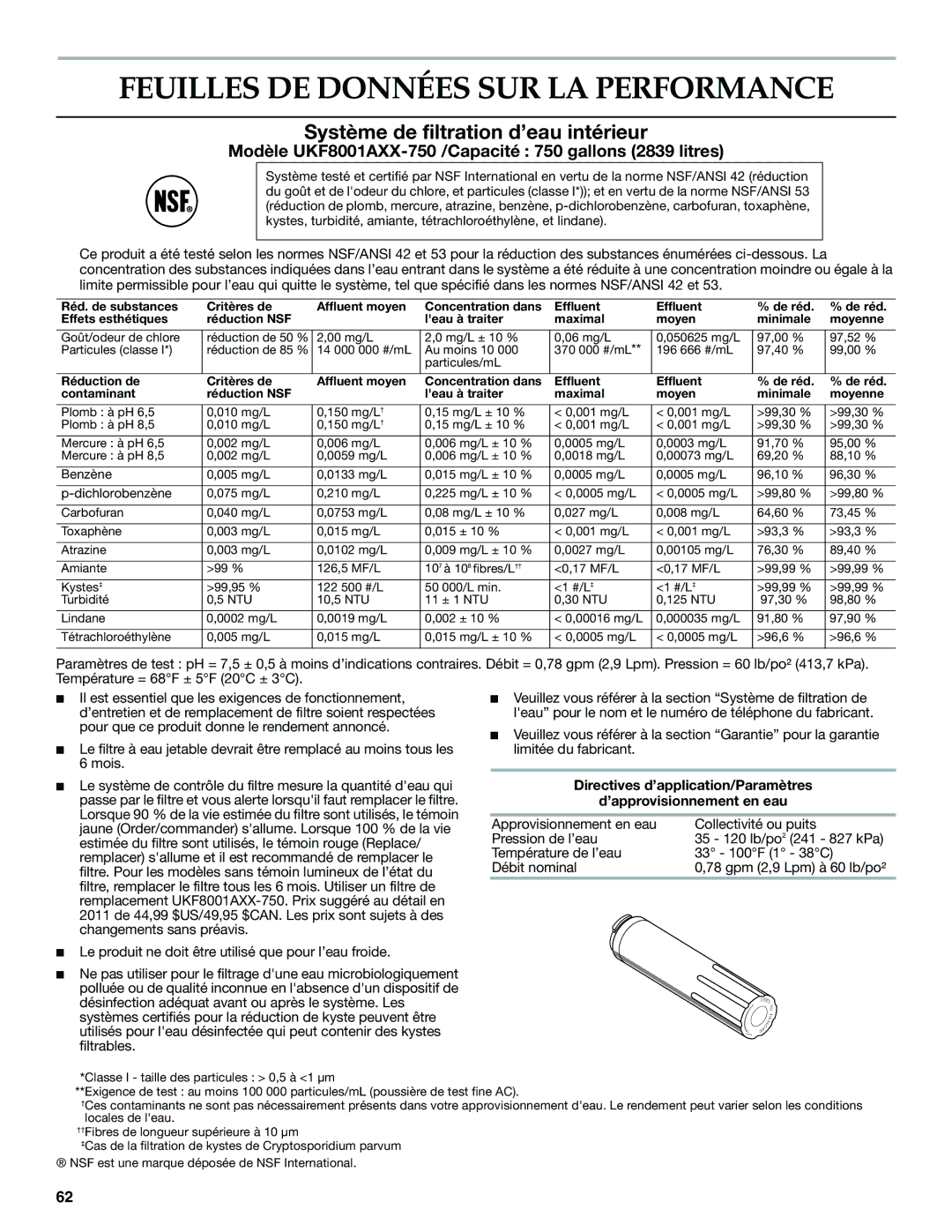 KitchenAid KFXS25RYWH, W10390410A, KFXS25RYMS Feuilles DE Données SUR LA Performance, Système de filtration d’eau intérieur 