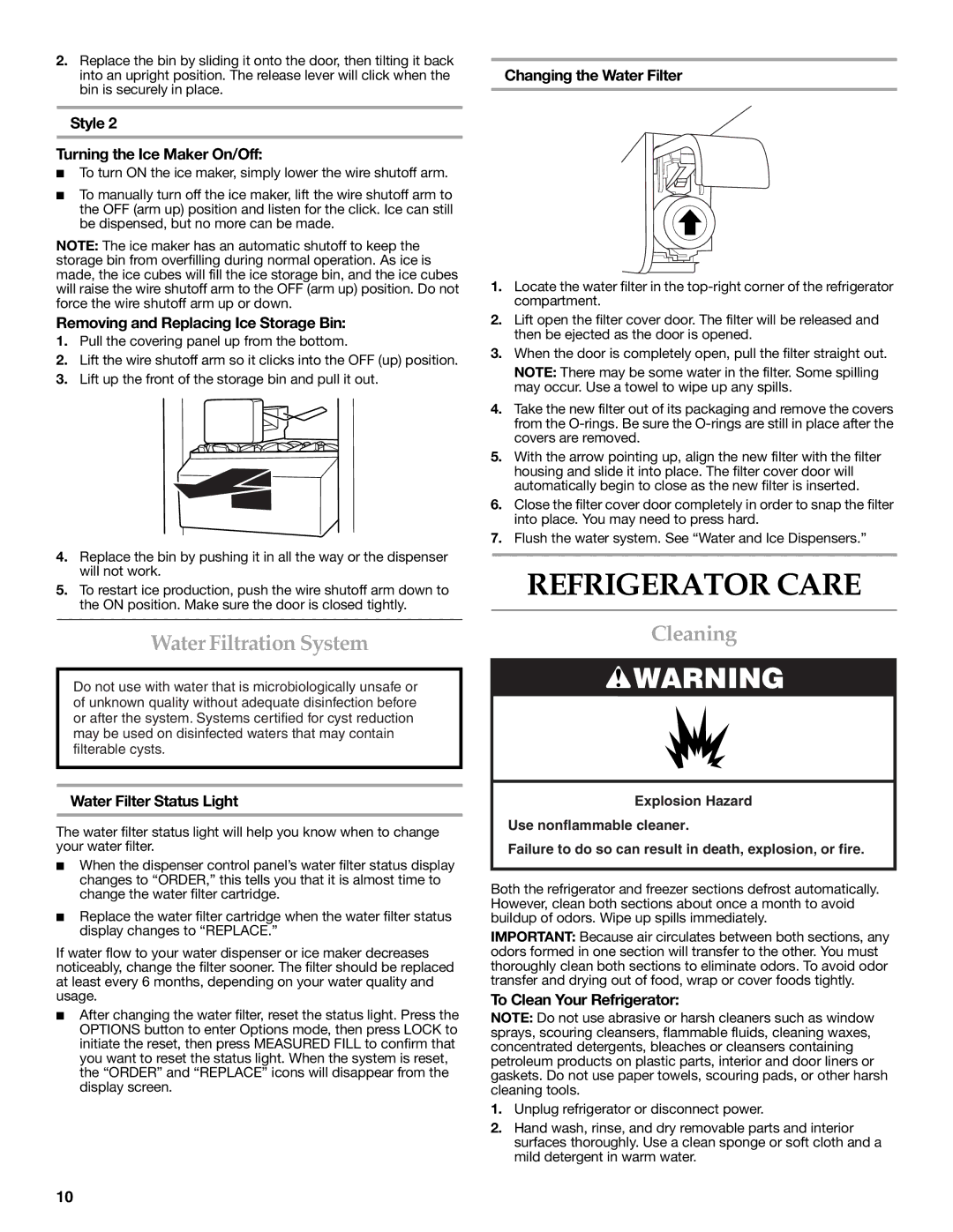 KitchenAid W10416762B warranty Refrigerator Care, Water Filtration System, Cleaning 