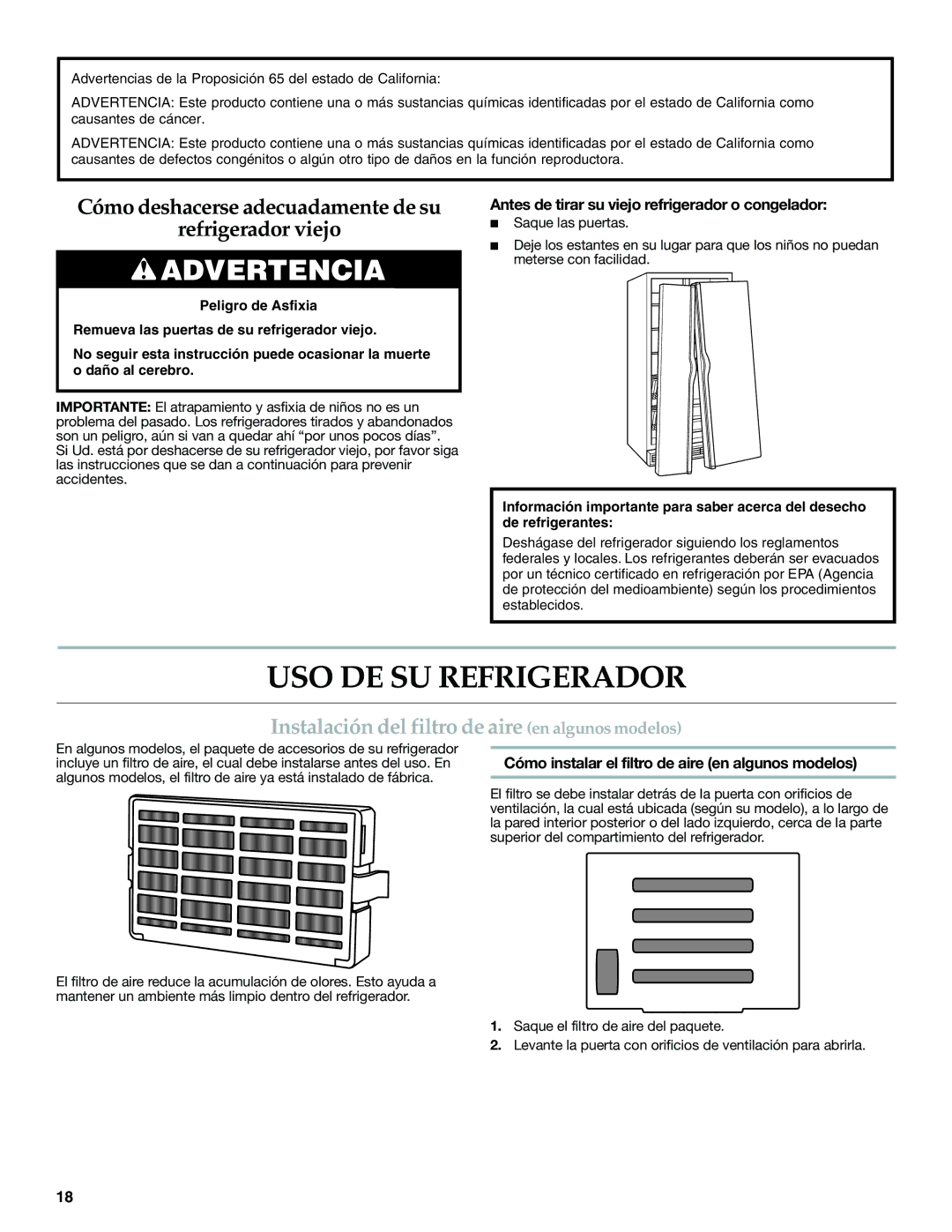 KitchenAid W10416762B warranty USO DE SU Refrigerador, Instalación del filtro de aire en algunos modelos 