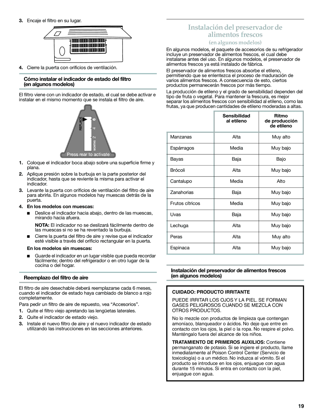 KitchenAid W10416762B warranty Instalación del preservador de Alimentos frescos, Reemplazo del filtro de aire 