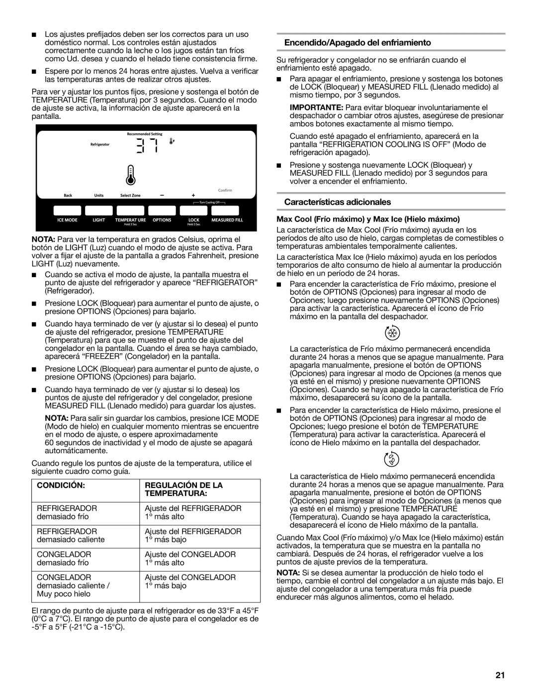 KitchenAid W10416762B warranty Encendido/Apagado del enfriamiento, Características adicionales 