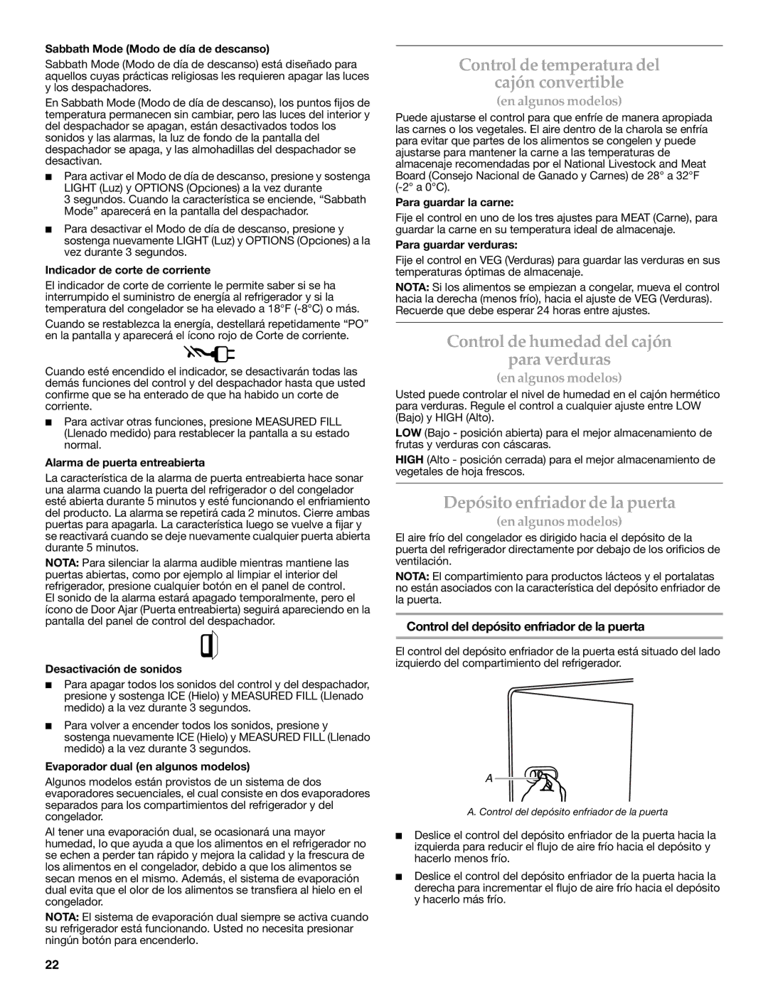 KitchenAid W10416762B warranty Control de temperatura del Cajón convertible, Control de humedad del cajón Para verduras 