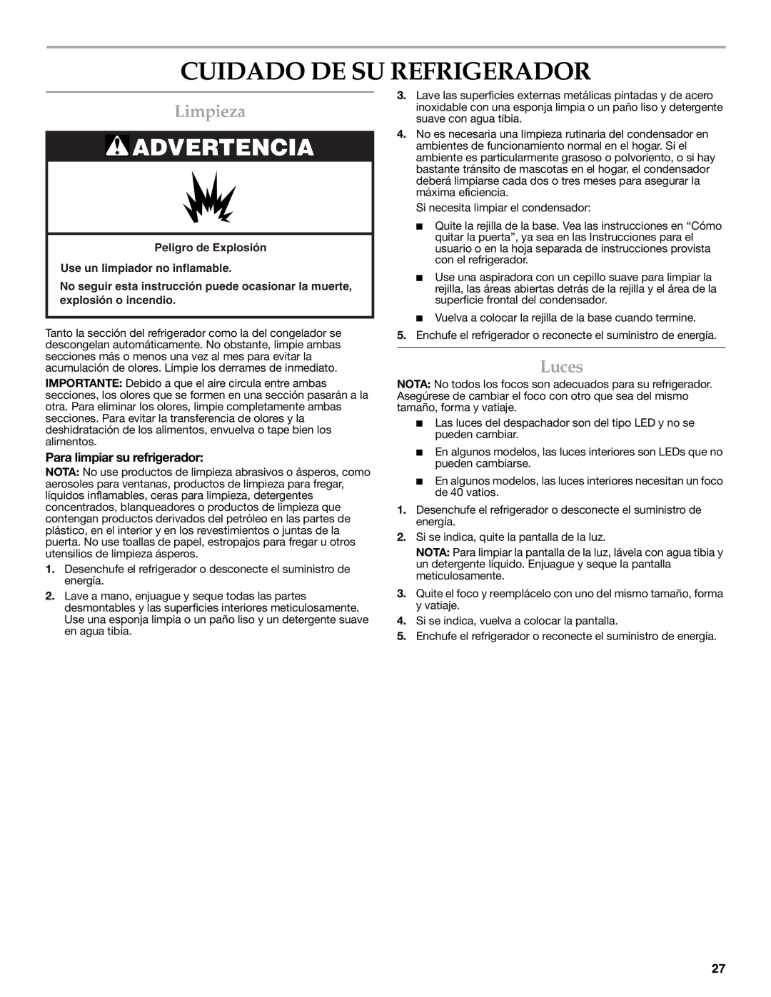 KitchenAid W10416762B warranty Cuidado DE SU Refrigerador, Limpieza, Luces, Para limpiar su refrigerador 