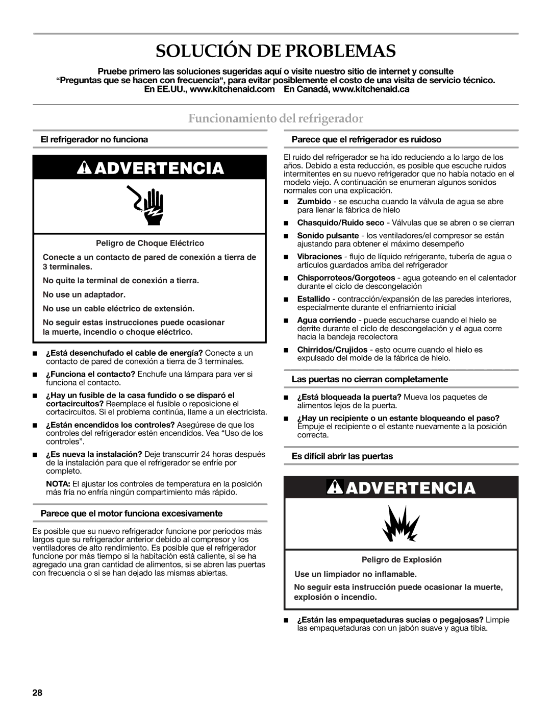 KitchenAid W10416762B warranty Solución DE Problemas, Funcionamiento del refrigerador 