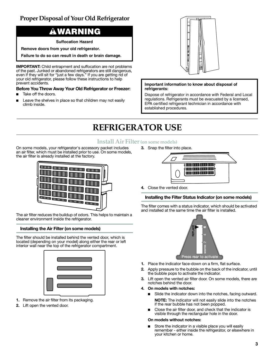 KitchenAid W10416762B Refrigerator USE, Install Air Filter on some models, Installing the Air Filter on some models 