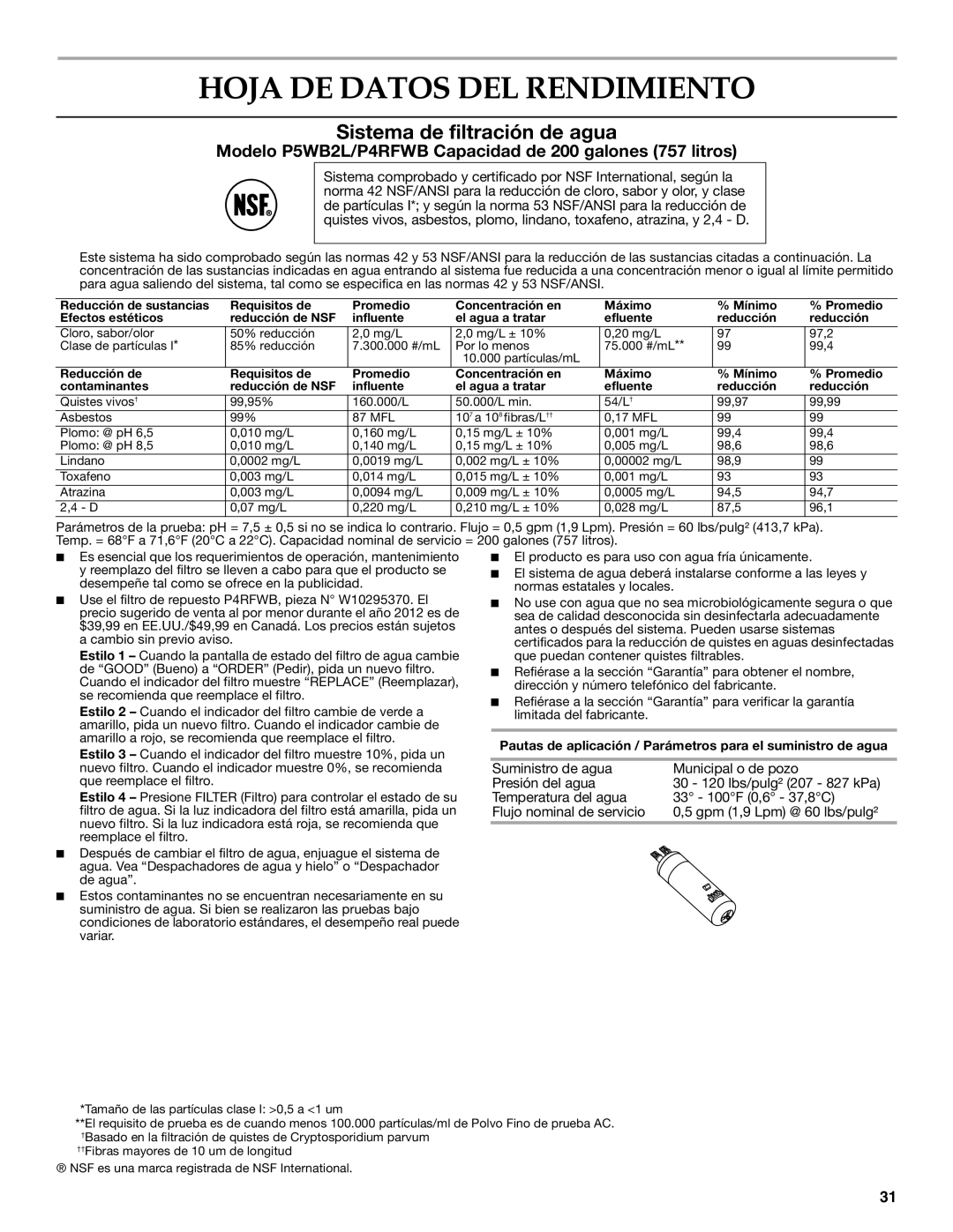 KitchenAid W10416762B warranty Hoja DE Datos DEL Rendimiento, Sistema de filtración de agua 