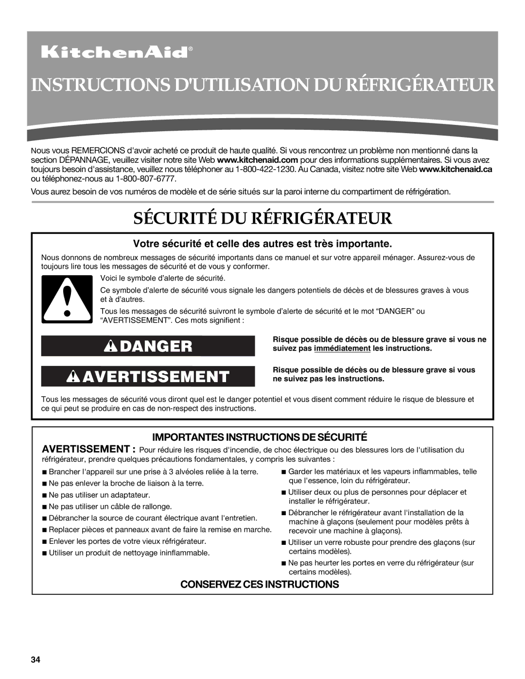 KitchenAid W10416762B warranty Instructions Dutilisation DU Réfrigérateur, Sécurité DU Réfrigérateur 