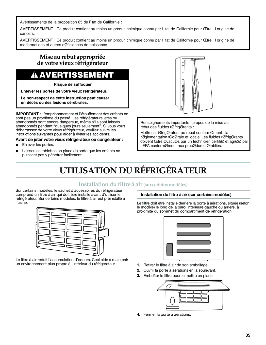 KitchenAid W10416762B warranty Utilisation DU Réfrigérateur, Installation du filtre à air sur certains modèles 