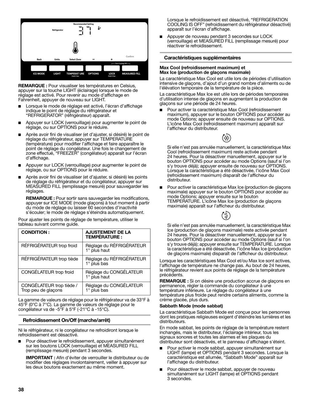 KitchenAid W10416762B Refroidissement On/Off marche/arrêt, Caractéristiques supplémentaires, Sabbath Mode mode sabbat 