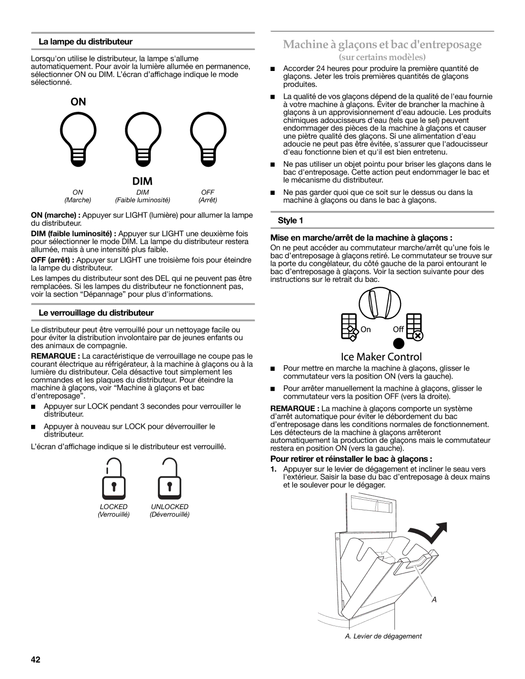 KitchenAid W10416762B Machine à glaçons et bac dentreposage, La lampe du distributeur, Le verrouillage du distributeur 