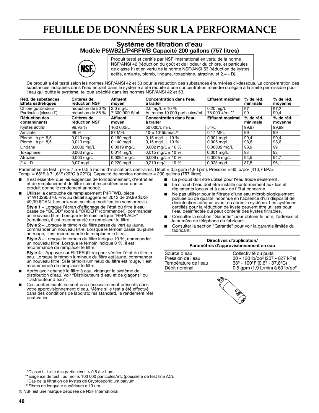 KitchenAid W10416762B warranty Feuille DE Données SUR LA Performance, Système de filtration d’eau 