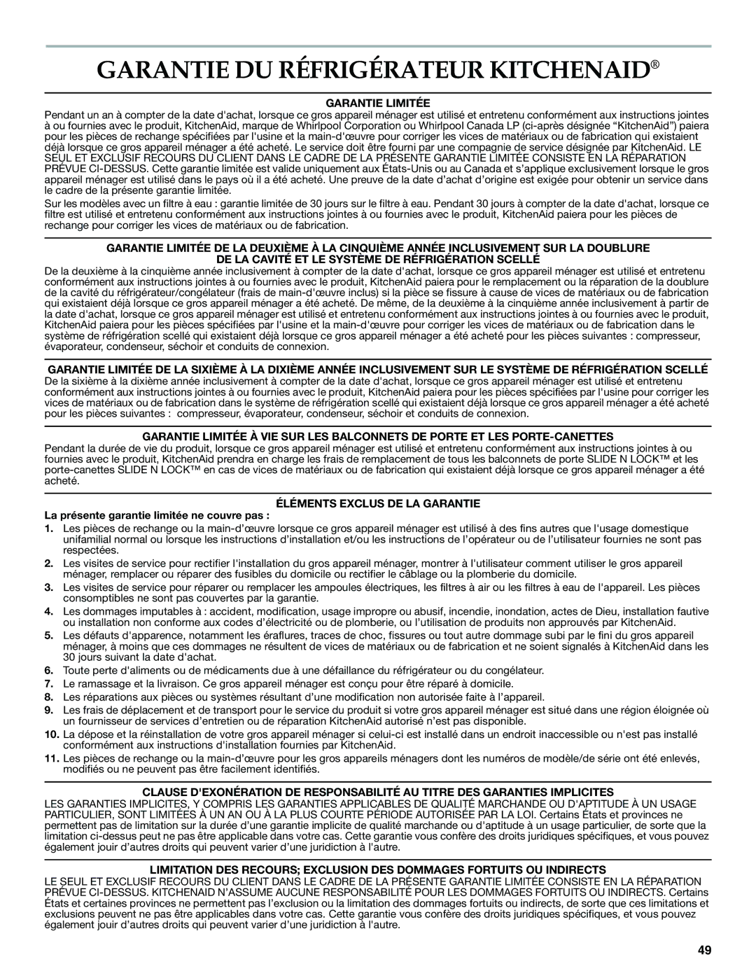 KitchenAid W10416762B warranty Garantie DU Réfrigérateur Kitchenaid, Garantie Limitée, Éléments Exclus DE LA Garantie 