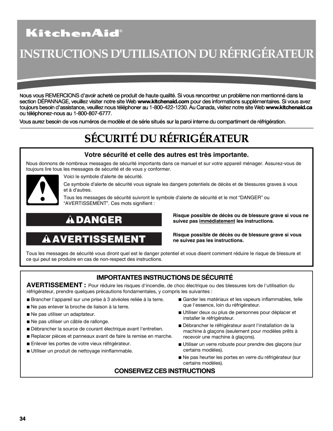 KitchenAid W10416762B warranty Instructions Dutilisation Du Réfrigérateur, Sécurité Du Réfrigérateur, Danger Avertissement 