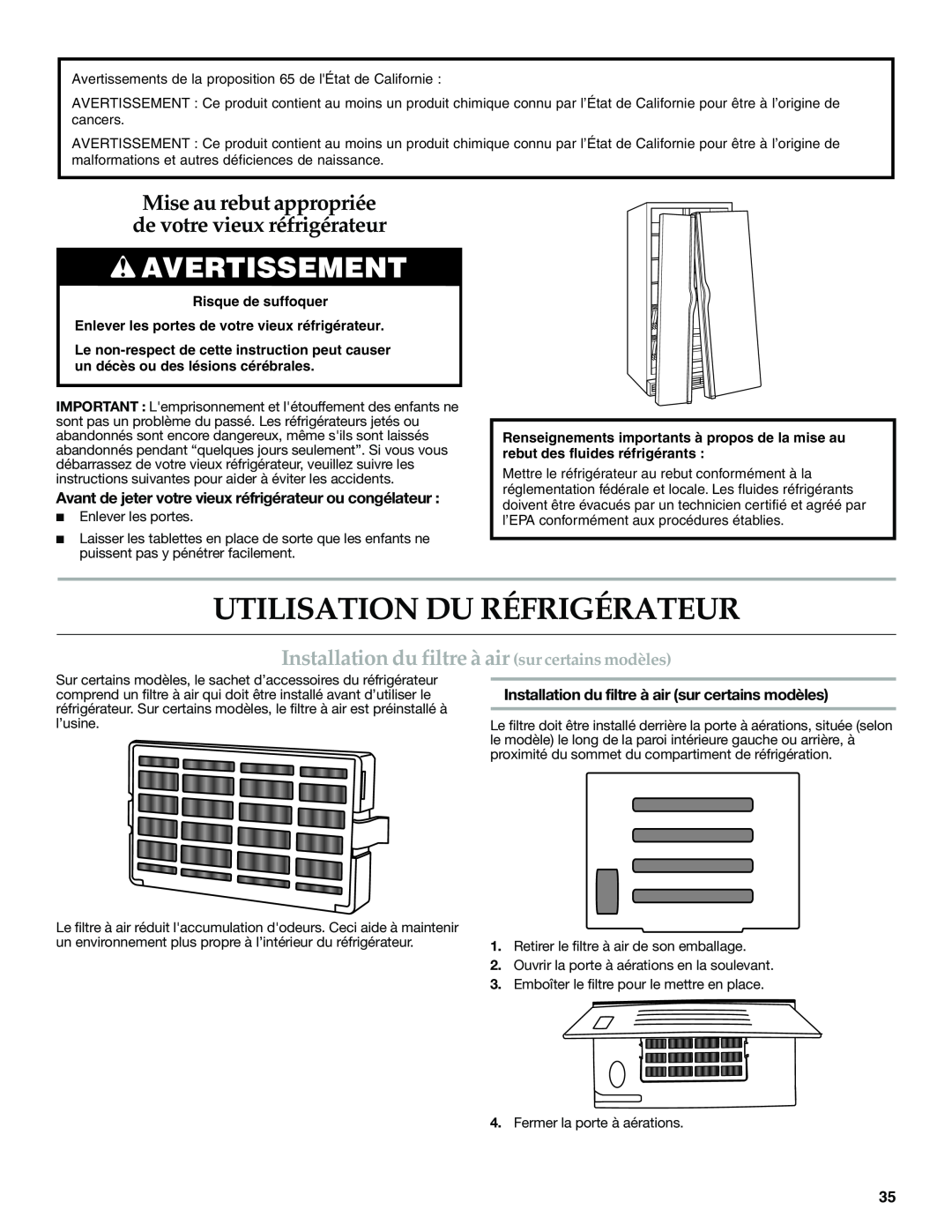 KitchenAid W10416762B Utilisation Du Réfrigérateur, Avertissement, Installation du filtre à air sur certains modèles 