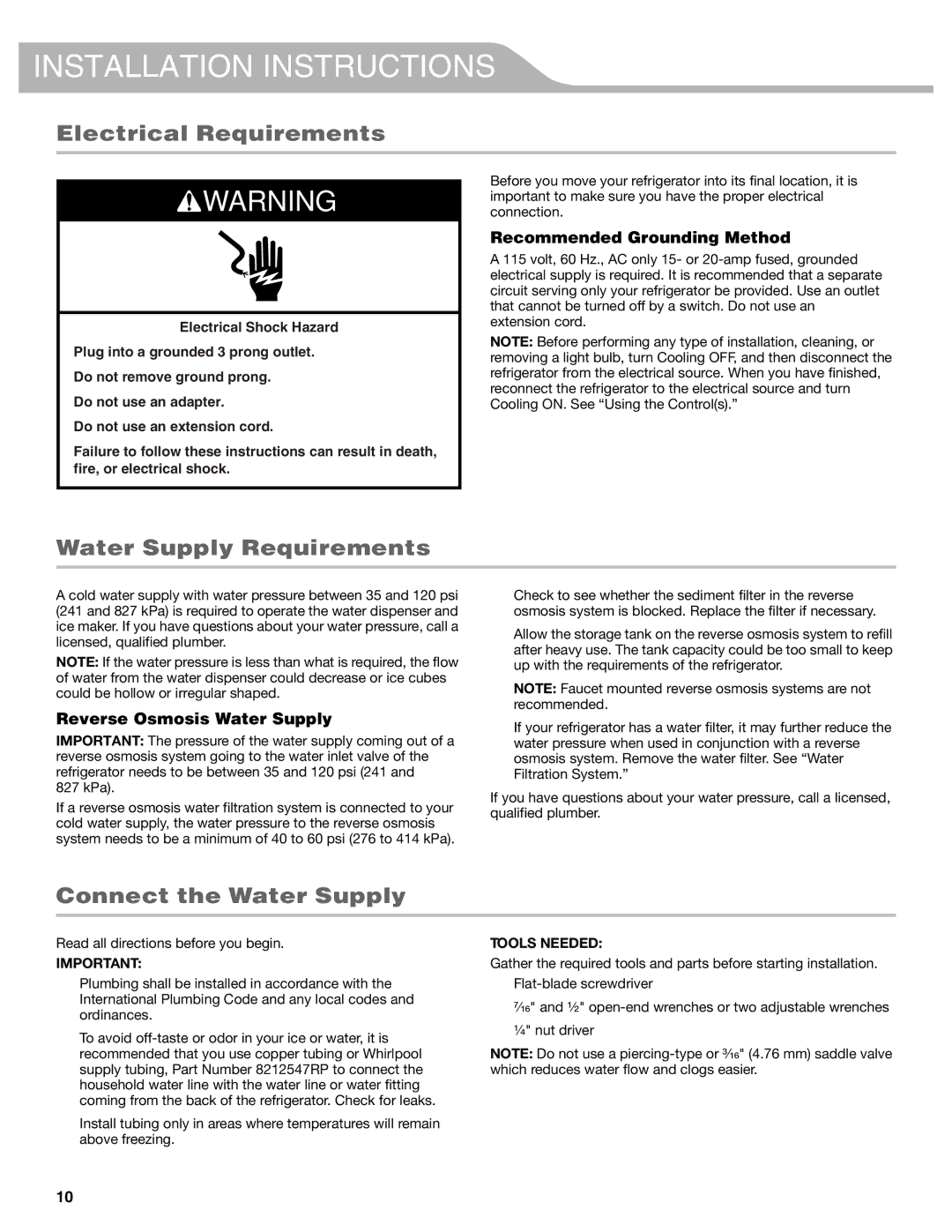 KitchenAid W10417002A manual Electrical Requirements, Water Supply Requirements, Connect the Water Supply 