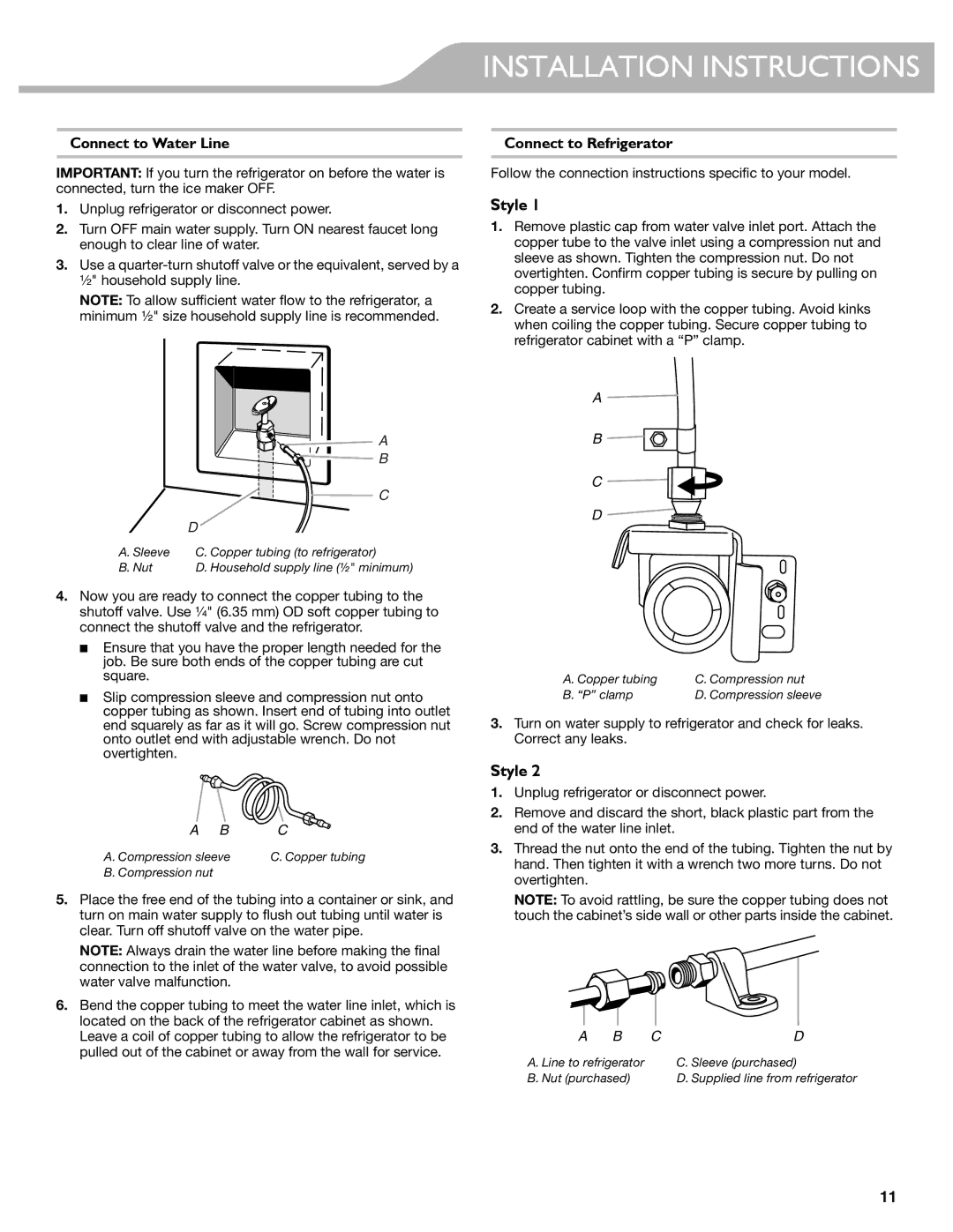 KitchenAid W10417002A manual Style, Connect to Water Line, Connect to Refrigerator 