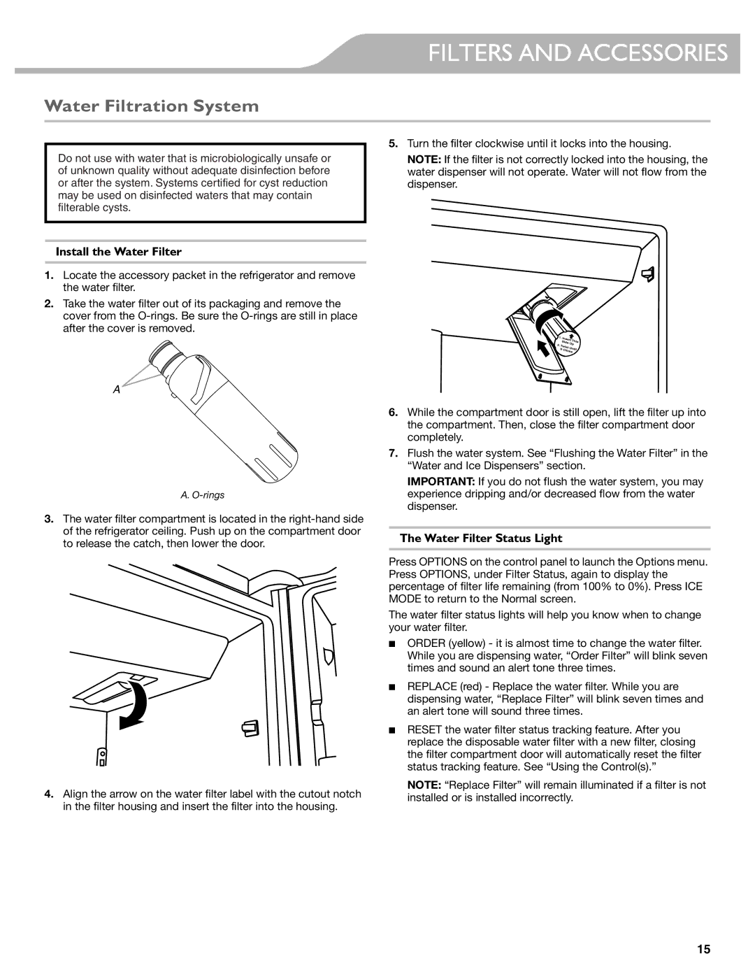 KitchenAid W10417002A manual Filters and Accessories, Water Filtration System, Install the Water Filter 