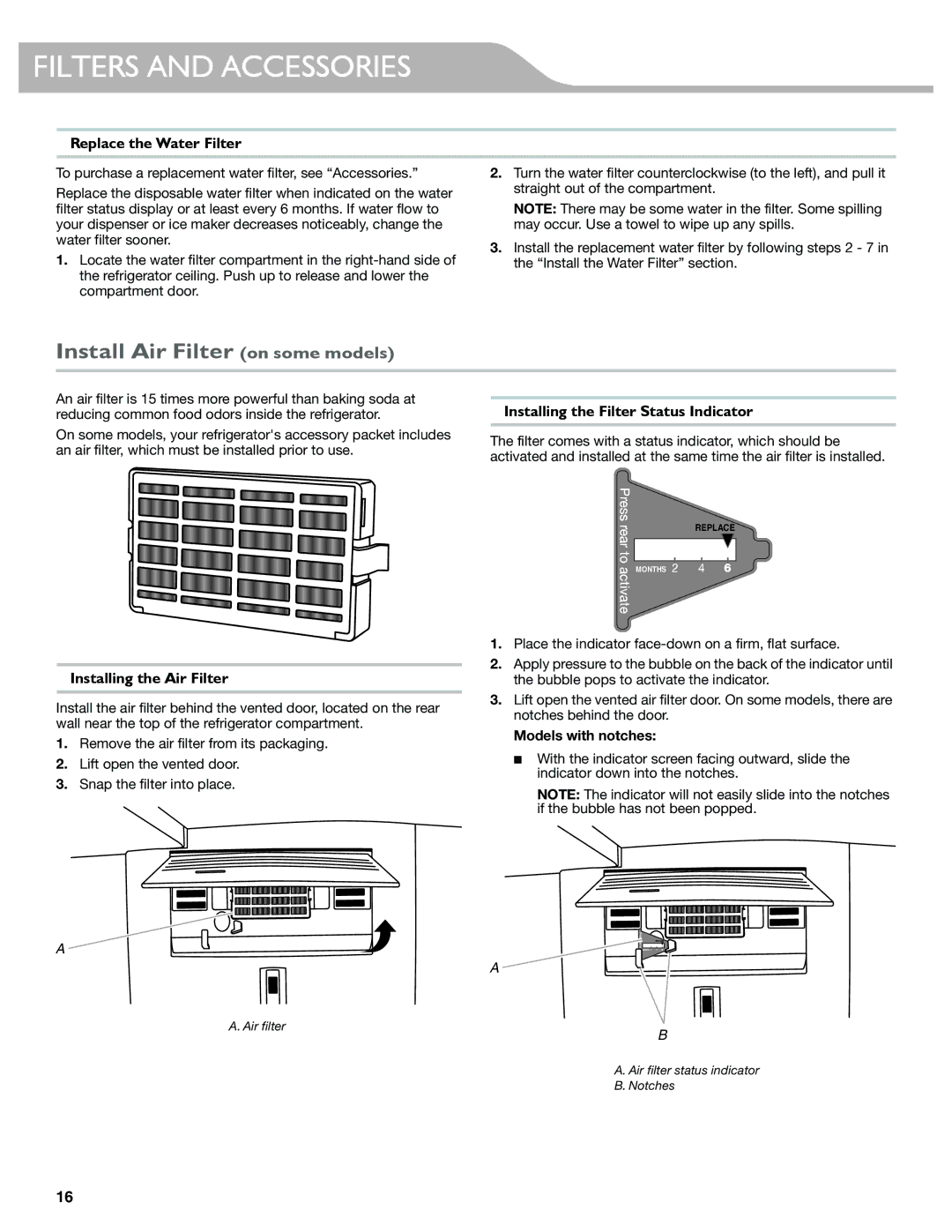 KitchenAid W10417002A manual Install Air Filter on some models, Replace the Water Filter, Installing the Air Filter 