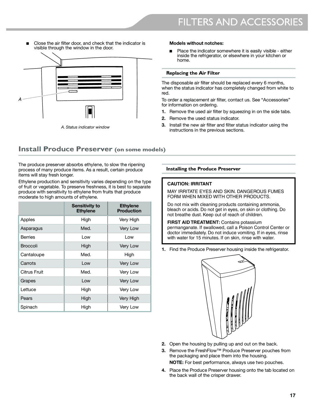 KitchenAid W10417002A Install Produce Preserver on some models, Replacing the Air Filter, Installing the Produce Preserver 