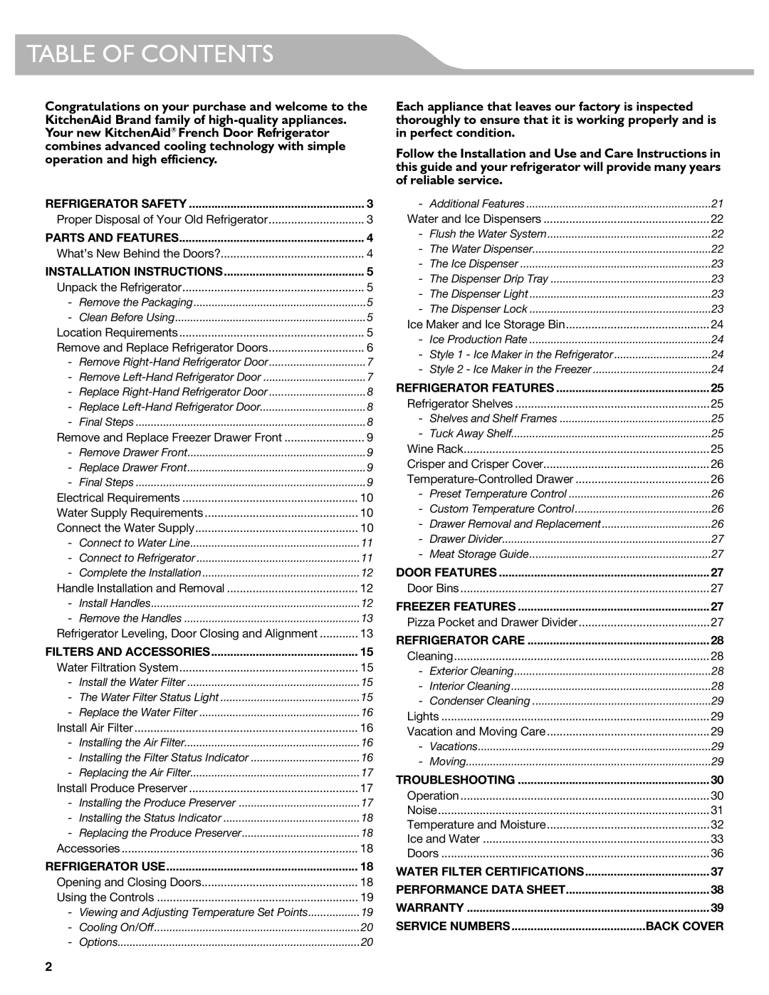 KitchenAid W10417002A manual Table of Contents 