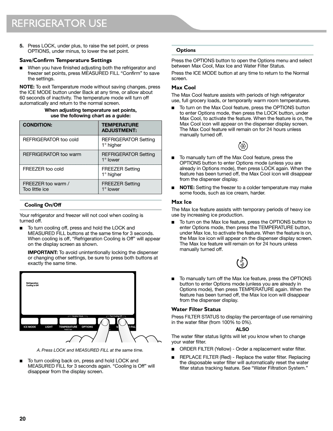 KitchenAid W10417002A manual Save/Confirm Temperature Settings, Max Cool, Max Ice, Water Filter Status 